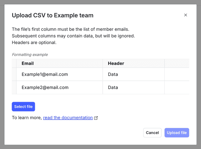 The "Upload CSV" dialog.