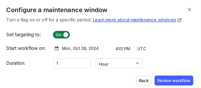 The "Configure maintenance window" workflow dialog.