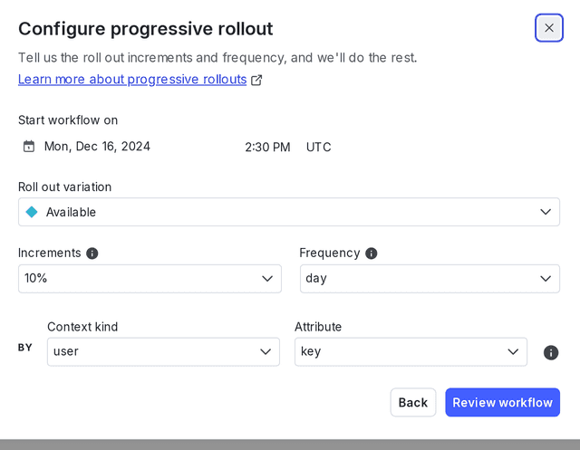 The "Configure progressive rollout" workflow dialog.