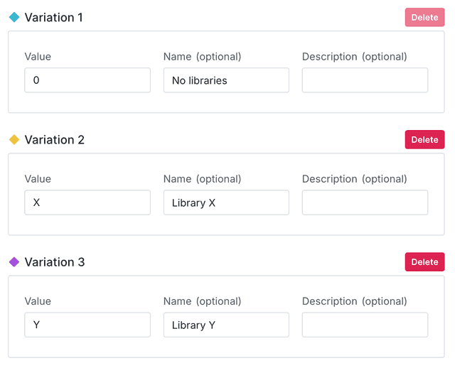 A flag's "Variations" tab with three variations.