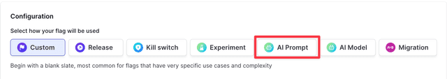The "Configuration" section of the "Create new flag" page, with "AI prompt" called out.