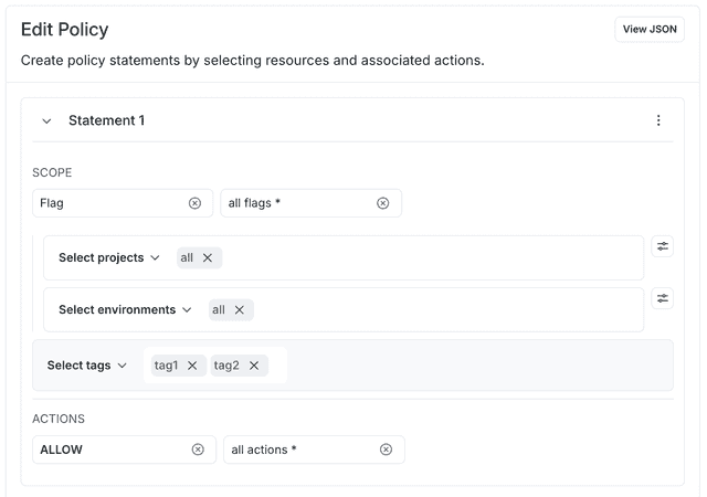 A policy allowing all actions for flags tagged "tag1" and "tag2."