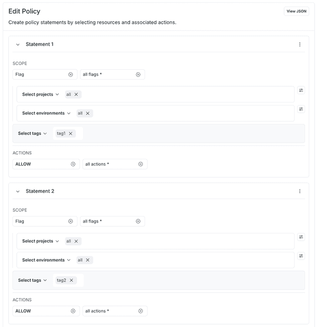 A policy allowing all actions for flags tagged "tag1" or "tag2."