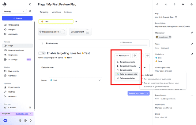 The dropdown menu to add a custom rule to a feature flag.