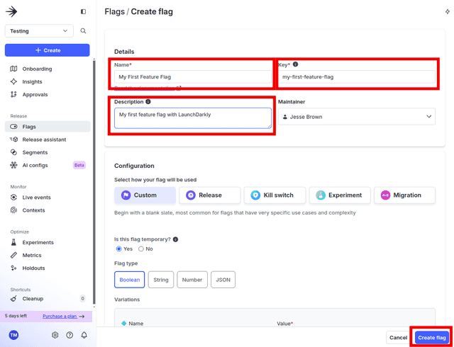 The "Create flag" dialog in the LaunchDarkly UI with relevant fields highlighted.