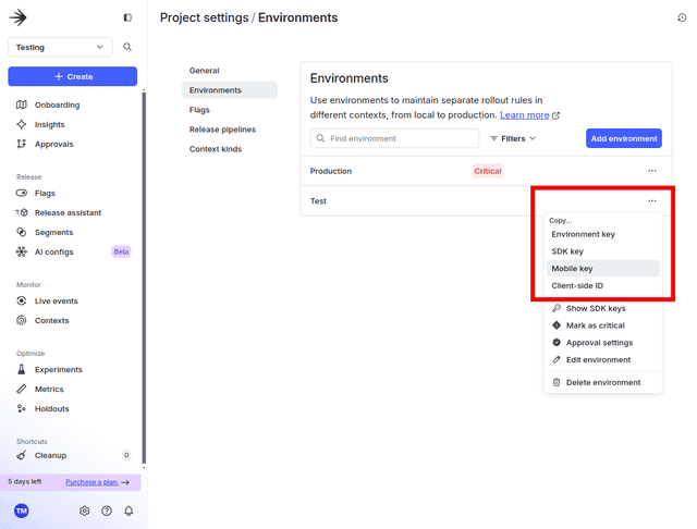 The "Environments" page in LaunchDarkly with the overflow menu for an environment displayed.