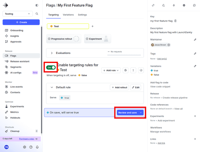 The toggle button to turn on the feature flag.