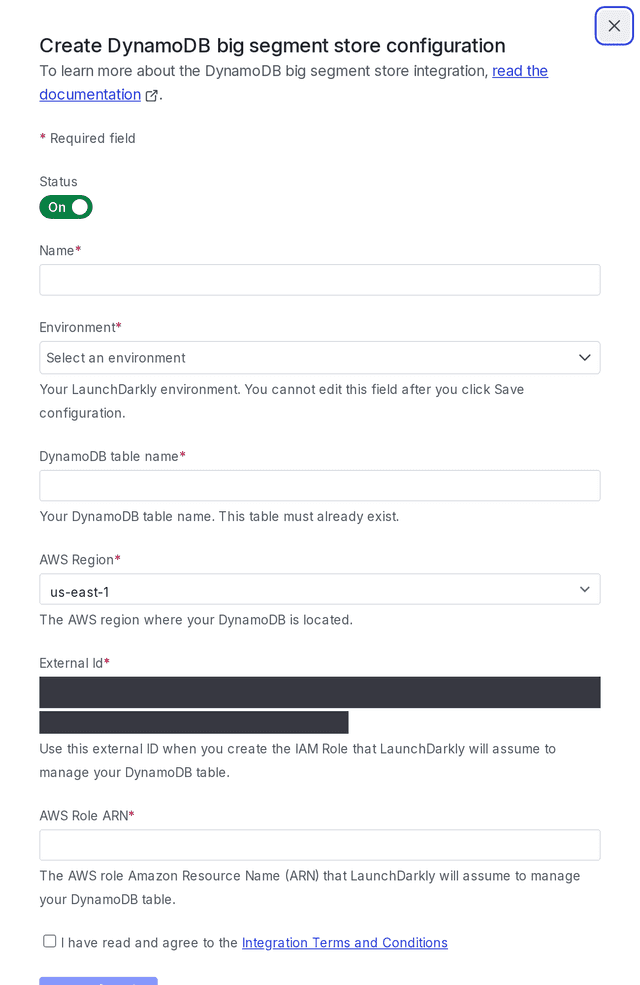 The "Create configuration" panel for a DynamoDB integration.