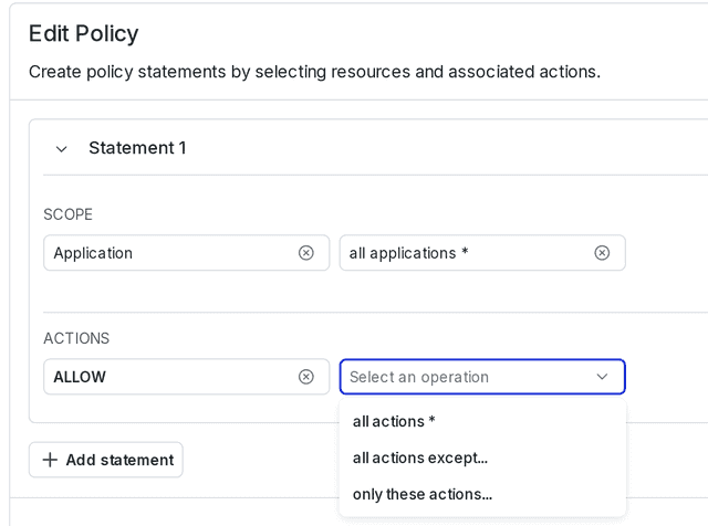 The "Actions" and "Select actions" menus when defining a policy.