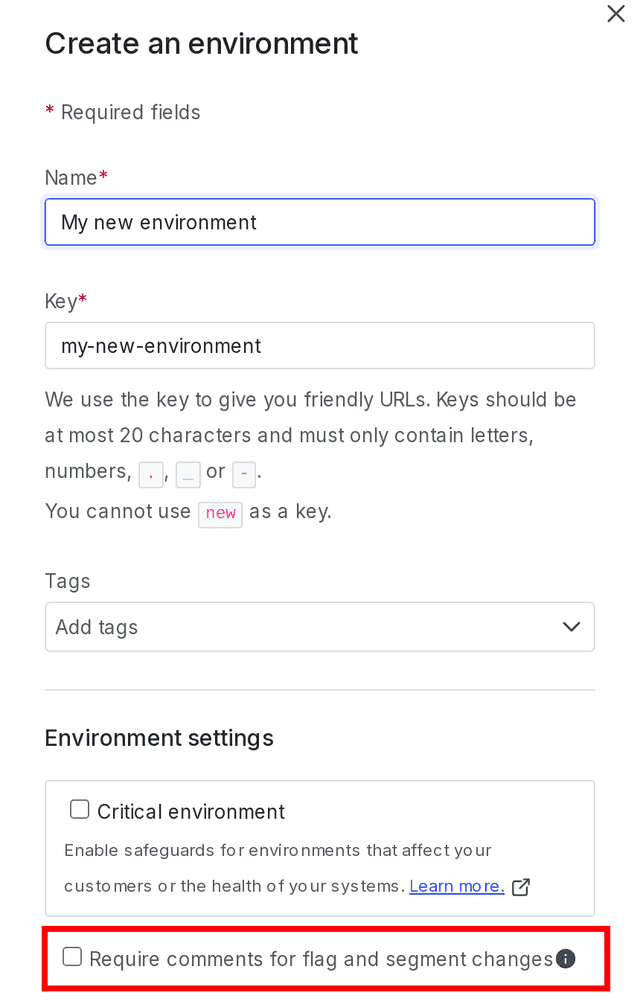 The "Create an environment" panel with the "Require comments" checkbox called out.