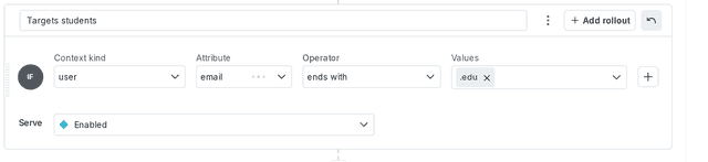 A targeting rule that serves "Available" to all user contexts that contain an "email" attribute with a value that ends in ".edu".