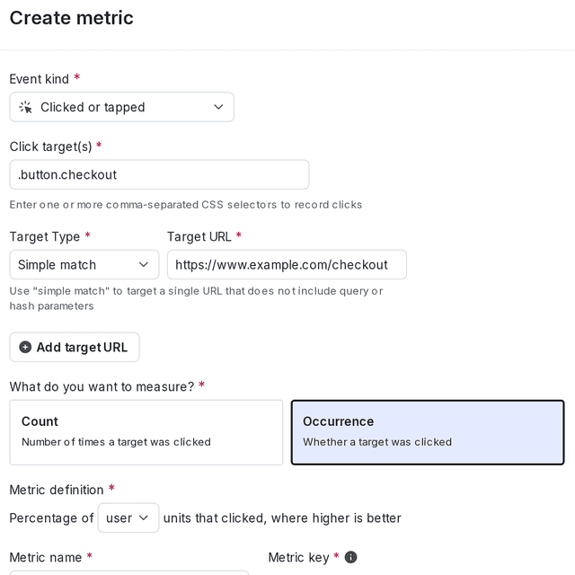 The "Create metric" dialog for a new click conversion metric.