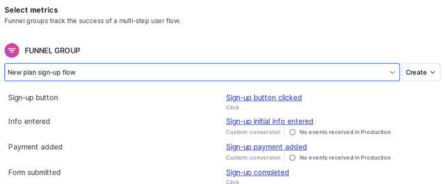 The "Select metrics" step of a new funnel optimization experiment.