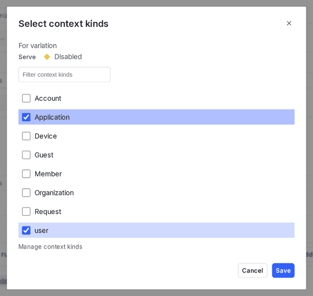 The "Select context kinds" dialog with two context kinds selected.